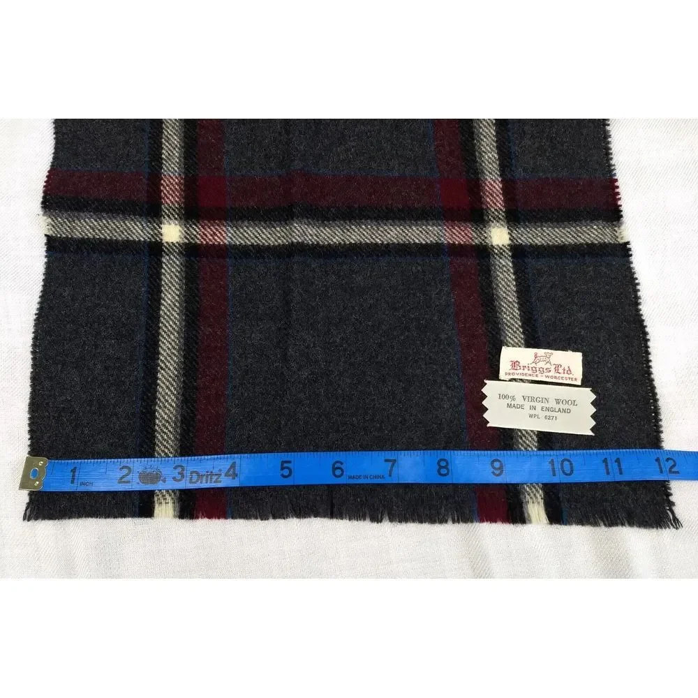 Briggs 100% Virgin Wool Scarf Mens Plaid Dark Grey Cranberry Mini Fringe England